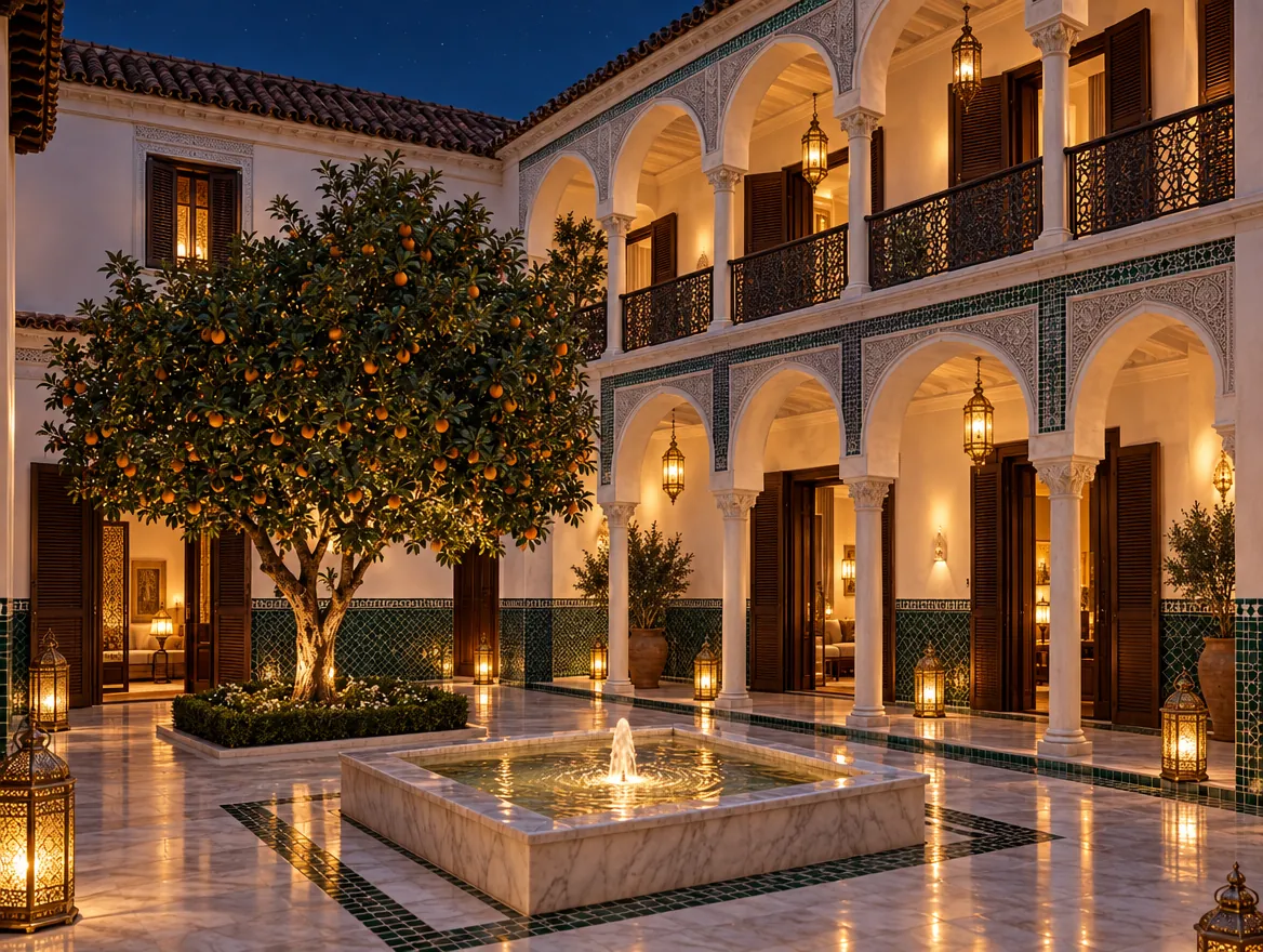A square courtyard with a marble fountain and an orange tree, framed by a two-storey arcade