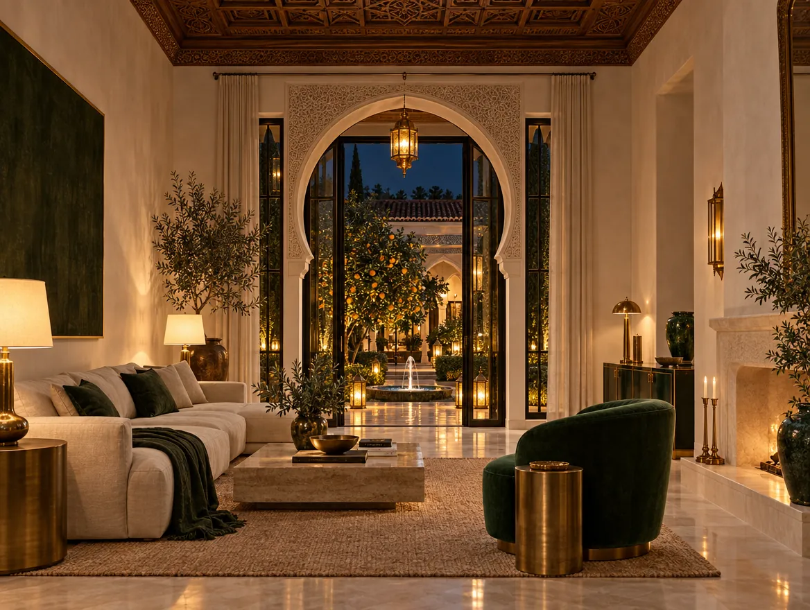 A tall living room with a carved cedar ceiling opening through a horseshoe arch to a lantern-lit courtyard
