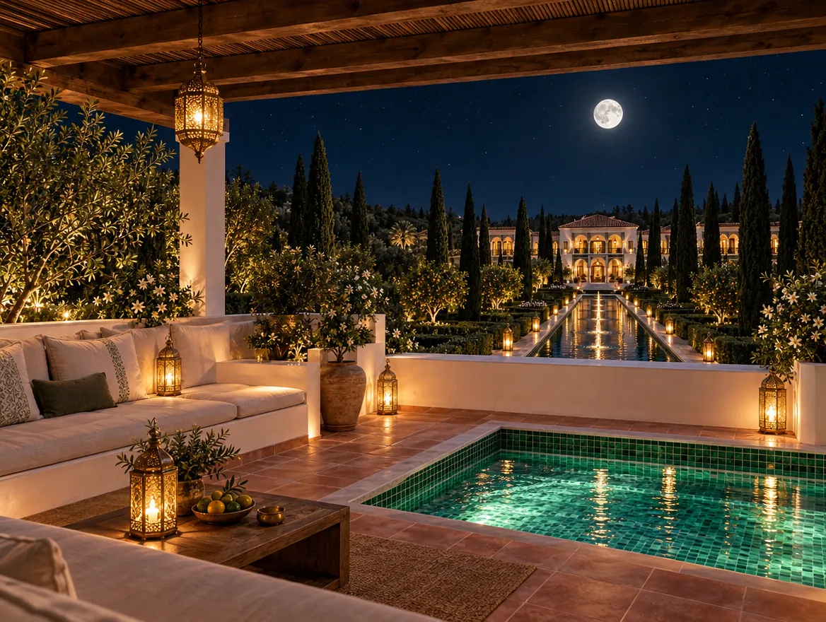 A roof terrace with a cedar pergola and a small jade-tiled pool overlooking the moonlit garden